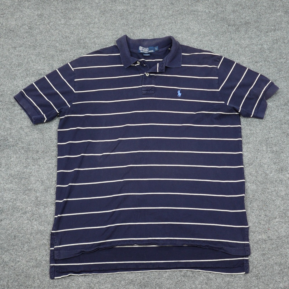 Polo Ralph Lauren Shirt Mens Large Navy Blue Striped Short Sleeve Classic Polo